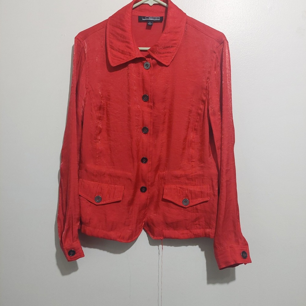 Linear Womens Large Lightweight Button Up Jacket Adjustable Waist‎ Pockets Red